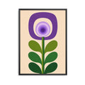 A framed art print featuring a mid-century modern style flower with concentric purple and lavender circles on a beige background, with green leaves and stems 