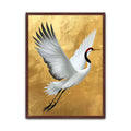 White red-crowned crane flying with wings spread wide against a textured gold background, Japanese crane art print.