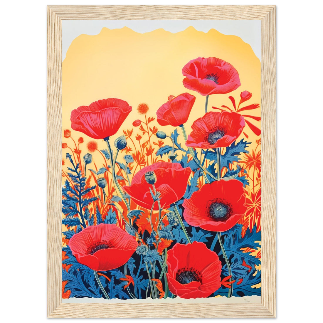 Red Poppies - Wooden Framed Poster, big floral art print, Red Poppies, Risograph Flowers, #illieeart