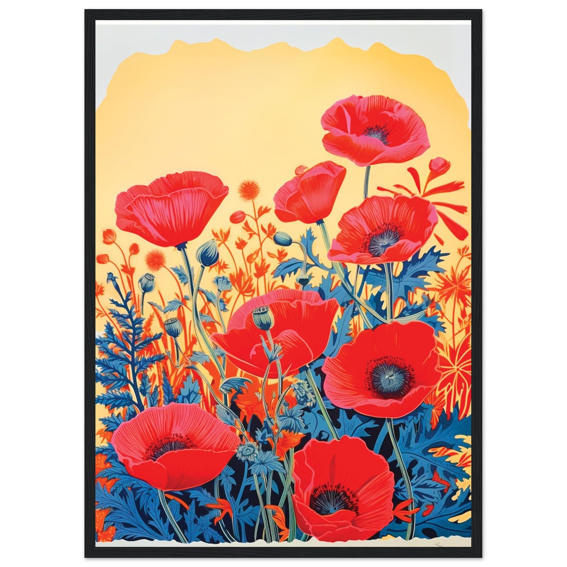Red Poppies - Wooden Framed Poster, big floral art print, Red Poppies, Risograph Flowers, #illieeart