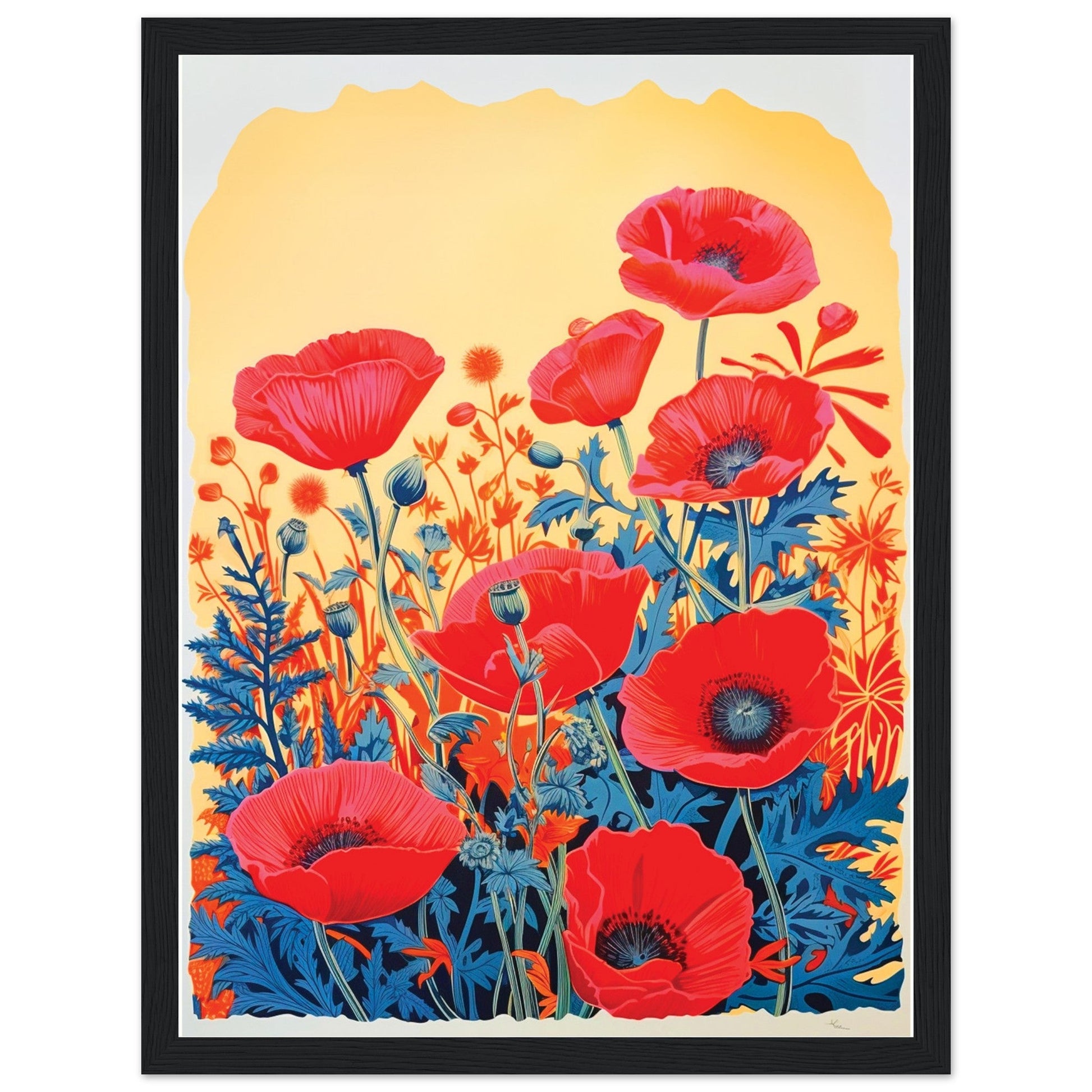 Red Poppies - Wooden Framed Poster, big floral art print, Red Poppies, Risograph Flowers, #illieeart