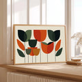  Mid Century Print Bauhaus abstract tulip field graphic wall art minimalist mid century modern geometric flower poster terracotta orange forest green botanical illustration.