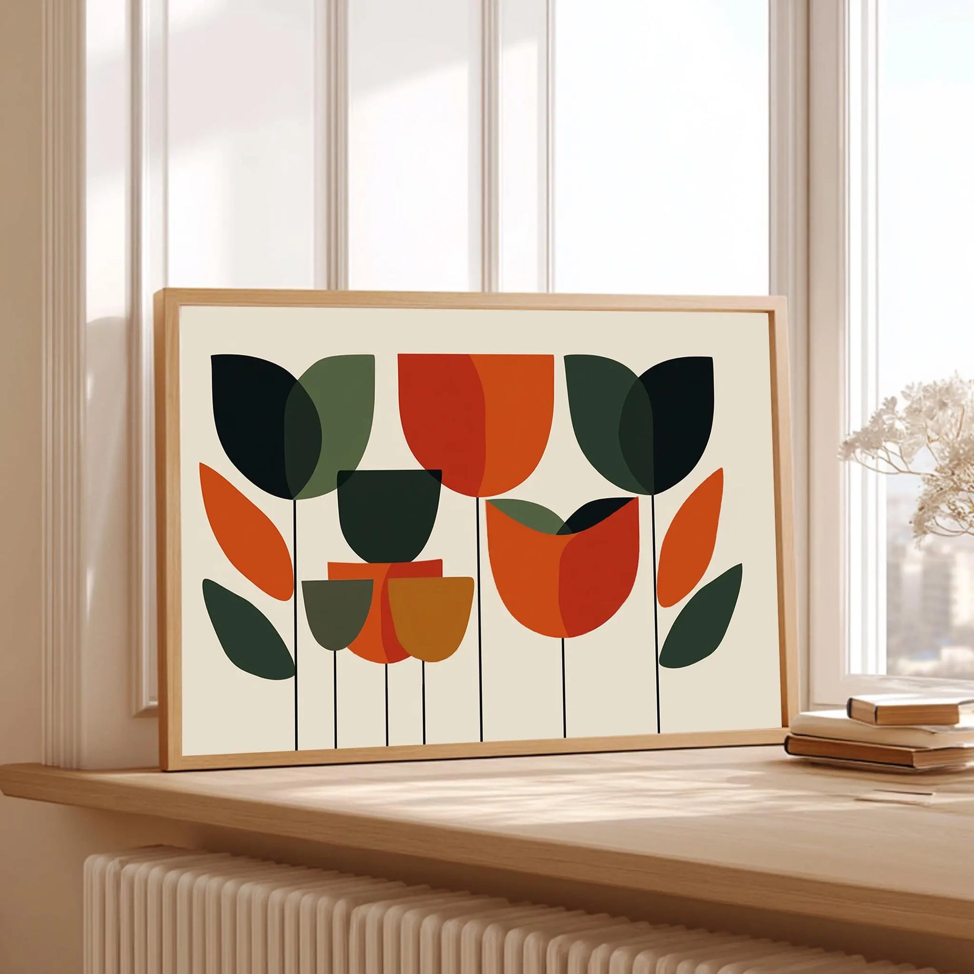 Mid Century Print Bauhaus abstract tulip field graphic wall art minimalist mid century modern geometric flower poster terracotta orange forest green botanical illustration.