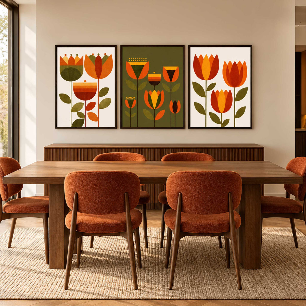 Set of 3 orange retro flower prints with burnt orange, mustard and olive green geometric botanical design