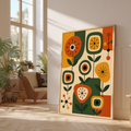 Mid Century Atomic Decor Print with starburst floral pattern designs in burnt orange, forest green, mustard yellow and beige colour blocked background.