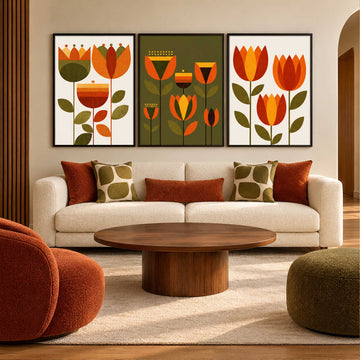 Set of 3 orange retro flower prints with burnt orange, mustard and olive green geometric botanical design