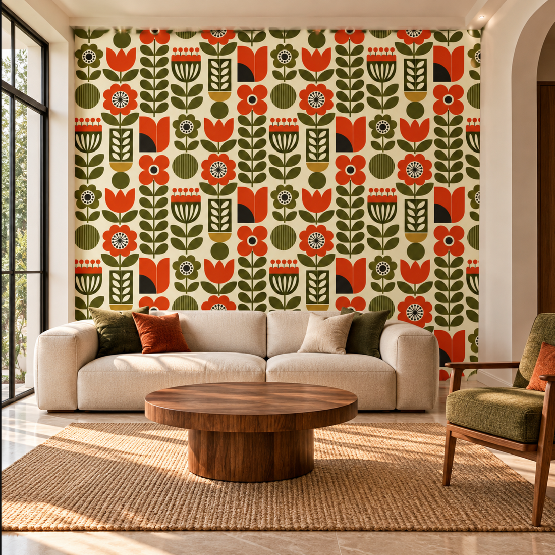 Mid Century Wall Paper - Orange & Green Retro Design. Retro Mid Century Wall Paper Seamless Floral PatternTransform your space with the timeless charm of Mid Century wallpaper, Vibrant Burnt Orange and Forest Green Abstract Pattern.
