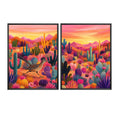 Southwest wall art set featuring a roadrunner print and colourful Arizona desert landscape.A two-panel framed wall art set showing a colorful desert landscape with cacti, mountains, and a roadrunner at sunset, displayed against a plain white background.