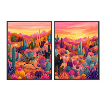 Southwest wall art set featuring a roadrunner print and colourful Arizona desert landscape.A two-panel framed wall art set showing a colorful desert landscape with cacti, mountains, and a roadrunner at sunset, displayed against a plain white background.
