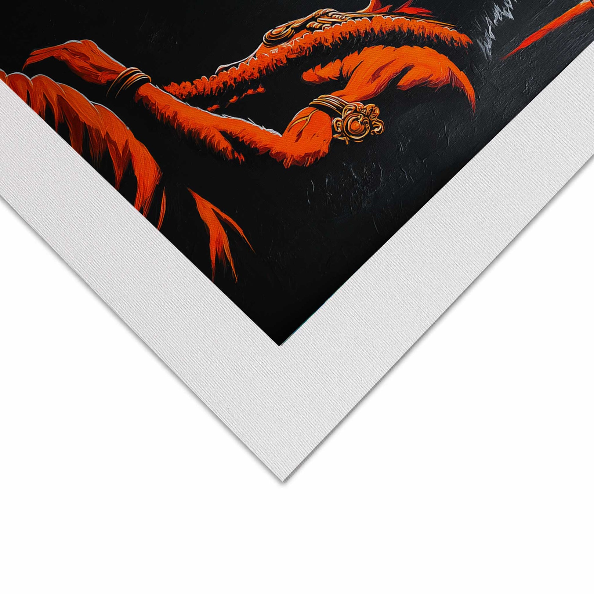 Modern rolled canvas painting of Lord Hanuman in side profile with vibrant orange and black tones.