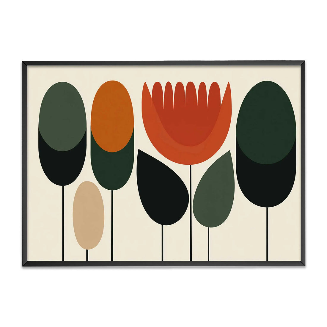 Retro 70s abstract lotus flower graphic wall art minimalist mid century modern pop art poster mustard orange forest green oval trees illustration.