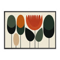 Retro 70s abstract lotus flower graphic wall art minimalist mid century modern pop art poster mustard orange forest green oval trees illustration.
