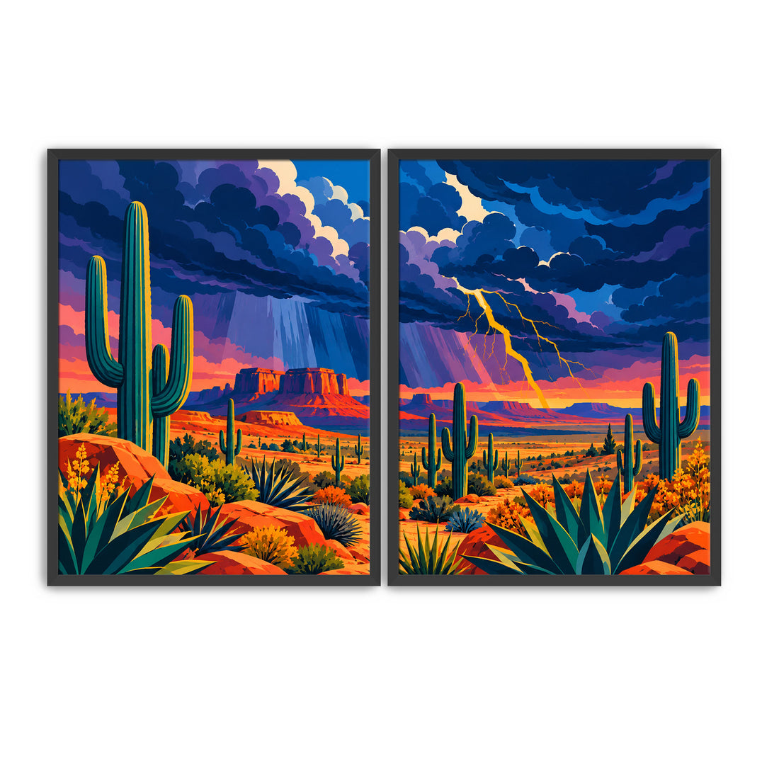 Coordinated Southwestern wall art set with colourful Arizona desert landscapes and saguaro cactus illustrations for a desert-themed gallery wall