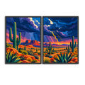Coordinated Southwestern wall art set with colourful Arizona desert landscapes and saguaro cactus illustrations for a desert-themed gallery wall