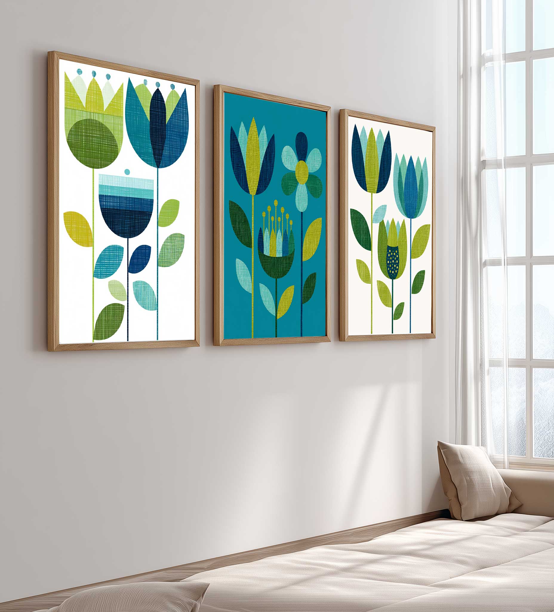 A colour-coordinated set of three mid century modern art prints featuring bold shapes, retro-inspired design and a fresh teal and lime green palette. Perfect for adding a stylish vintage touch to living rooms, bedrooms, offices or gallery walls. Designed to complement modern, retro, and contemporary interiors.