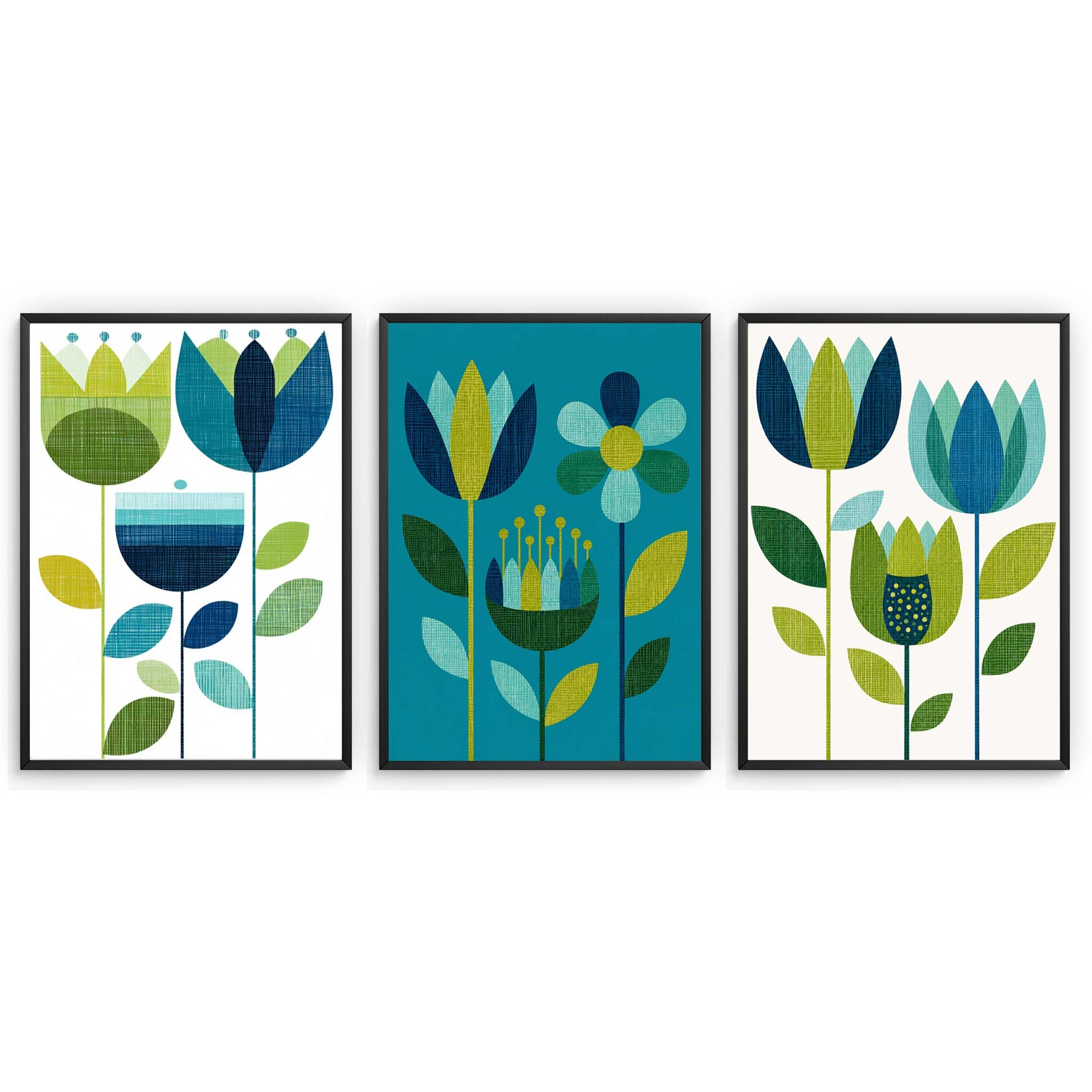 A colour-coordinated set of three mid century modern art prints featuring bold shapes, retro-inspired design and a fresh teal and lime green palette. Perfect for adding a stylish vintage touch to living rooms, bedrooms, offices or gallery walls. Designed to complement modern, retro, and contemporary interiors.