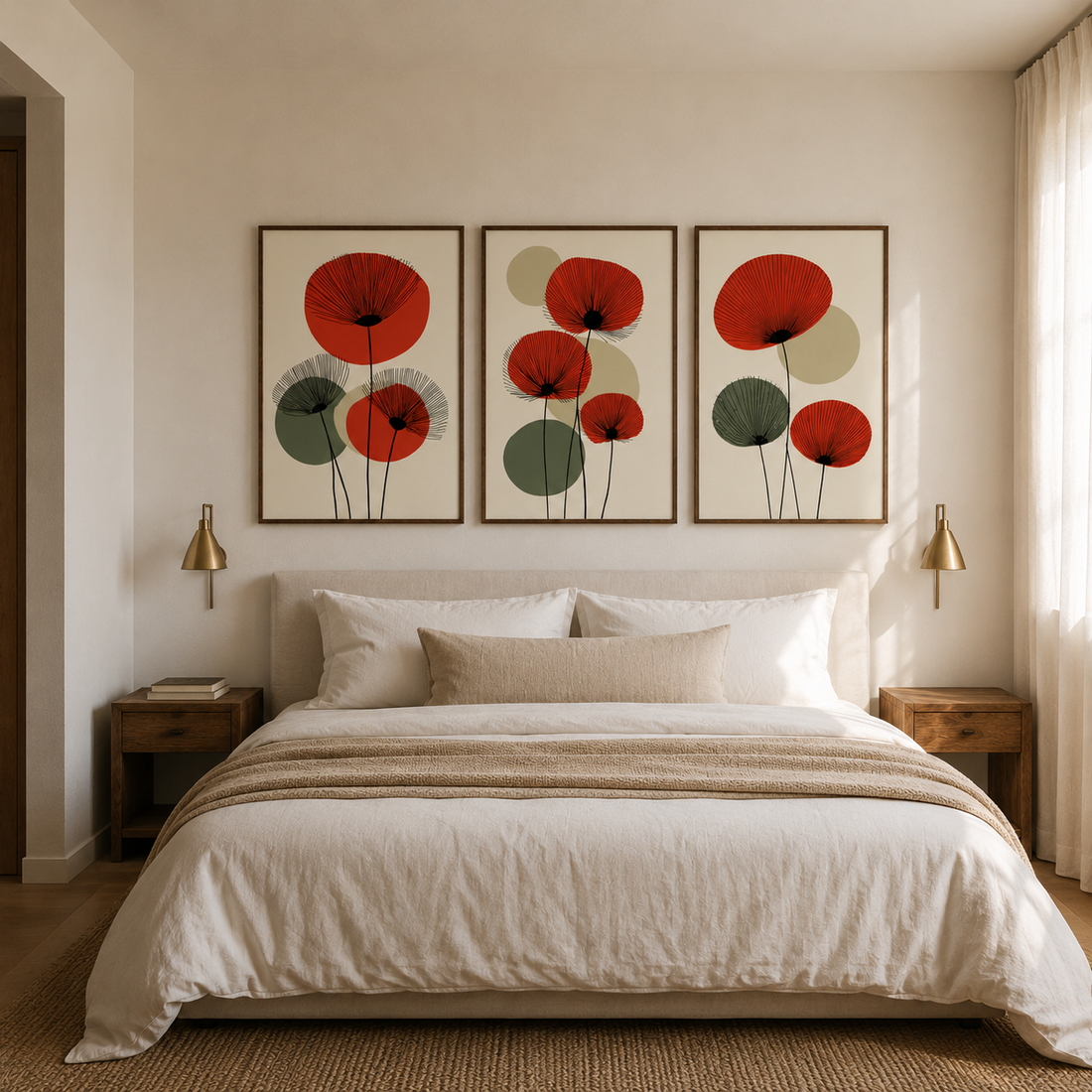
Burnt orange flowers with fine black botanical lines and overlapping olive and neutral circles in a three-print wall art set