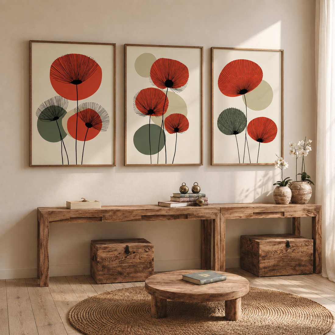 
Burnt orange flowers with fine black botanical lines and overlapping olive and neutral circles in a three-print wall art set