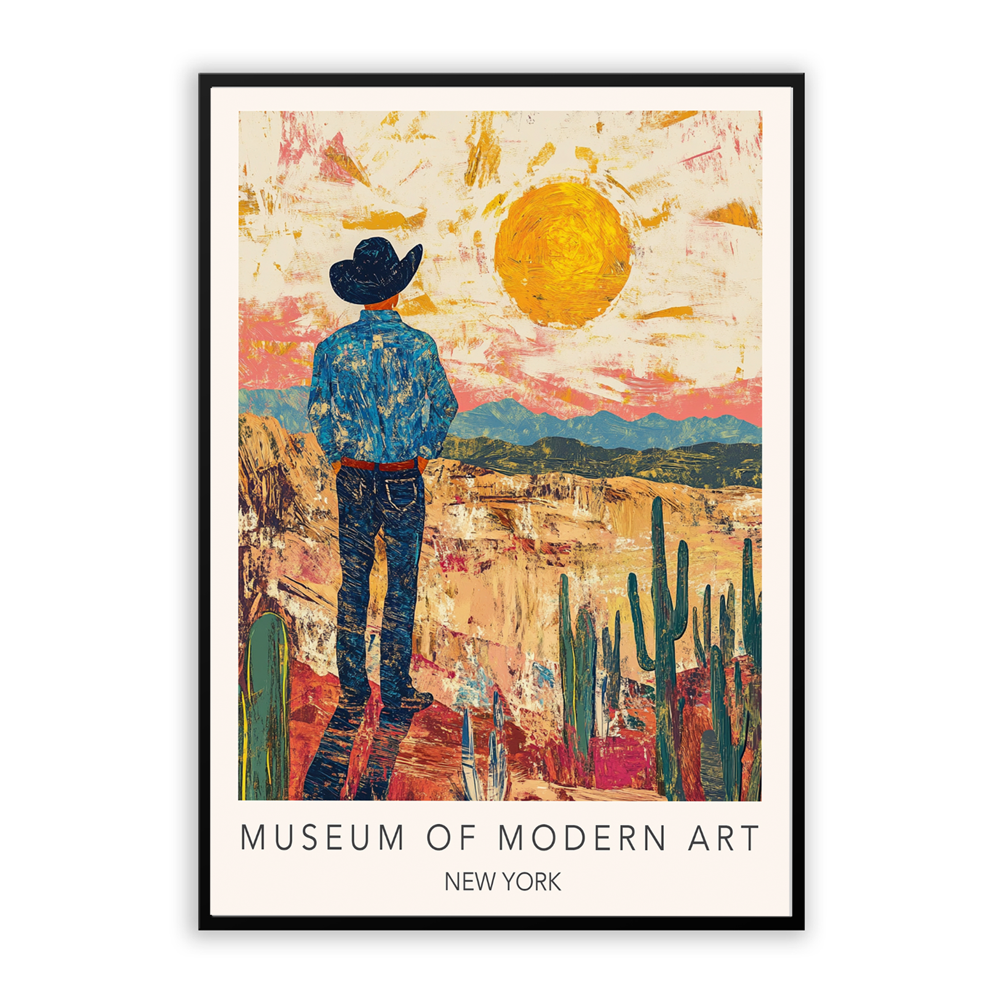 Western cowboy modern art print with a vibrant sunset.