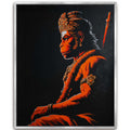 A framed painting of the Hindu deity Hanuman in profile, rendered in vivid orange-red tones against a dark black background, with a silver frame visible around the artwork.
