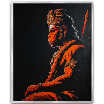 A framed painting of the Hindu deity Hanuman in profile, rendered in vivid orange-red tones against a dark black background, with a silver frame visible around the artwork.