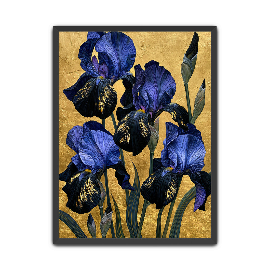 A framed wall art print featuring large blue and black irises on a textured gold background, displayed in a beige interior hallway above a console table.