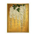 Large white wisteria floral canvas wall art with gold background displayed in an elegant cream living room.
