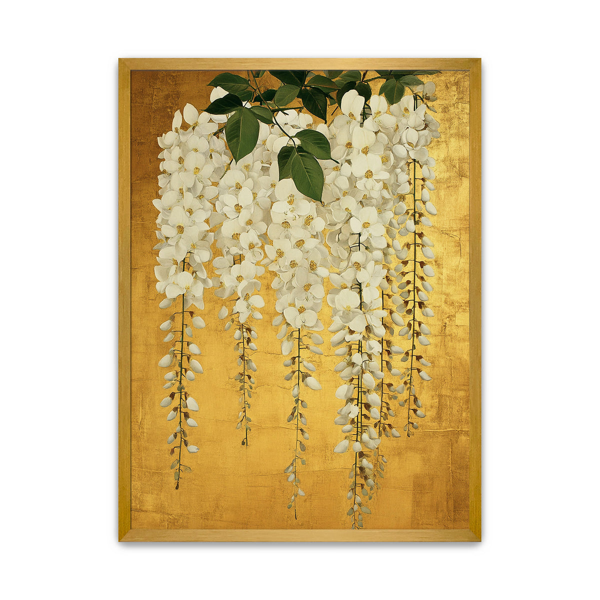 White wisteria wall art print with cascading white flowers and green foliage on a rich gold-coloured background.