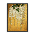 Large white wisteria floral canvas wall art with gold background displayed in an elegant cream living room.