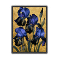 Blue iris canvas wall art with blue and violet iris flowers, green foliage and a rich gold-coloured background.