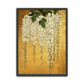 White wisteria wall art print with cascading white flowers and green foliage on a rich gold-coloured background.