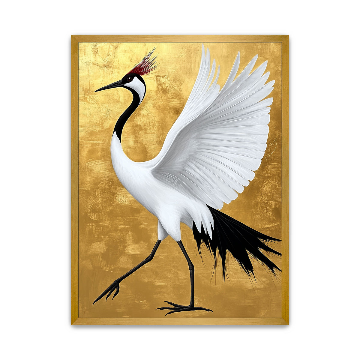 white crane wall art, red crowned crane art, Japanese crane wall art, Asian inspired crane art, gold bird wall art, luxury gold wall art, large crane wall art.