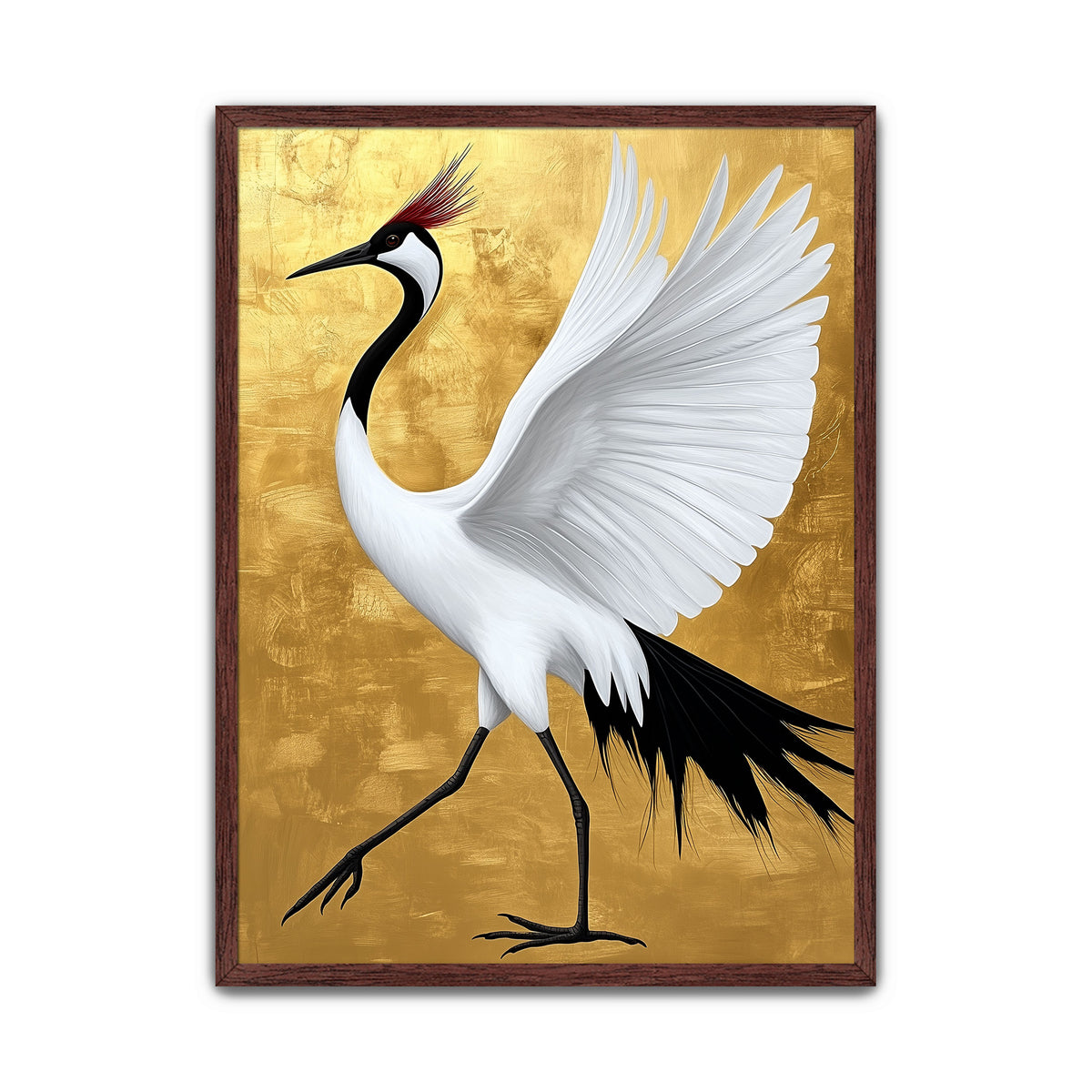 white crane wall art, red crowned crane art, Japanese crane wall art, Asian inspired crane art, gold bird wall art, luxury gold wall art, large crane wall art.