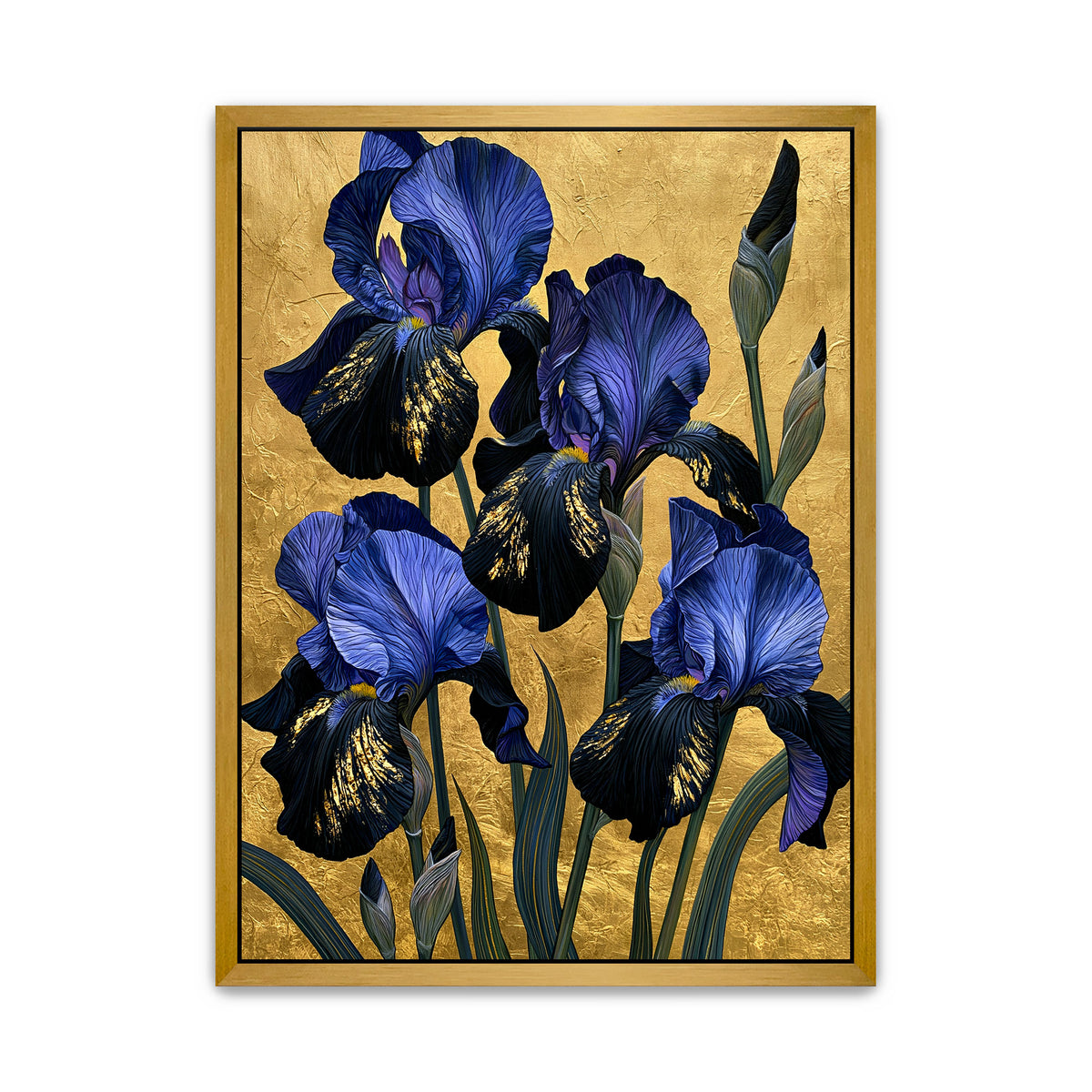 Blue iris canvas wall art with blue and violet iris flowers, green foliage and a rich gold-coloured background.