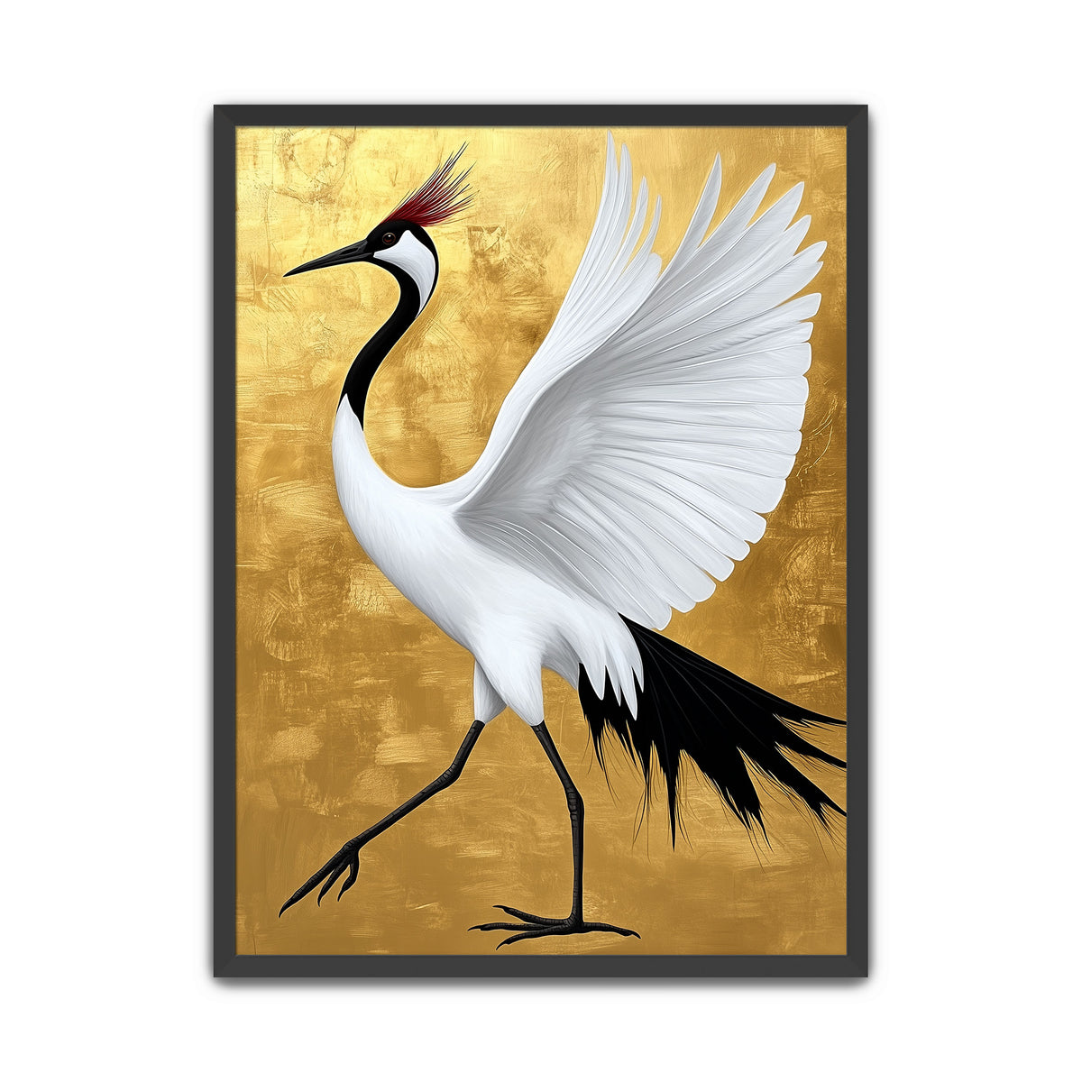 A framed art print featuring a white crane with black and red details walking against a textured gold background, 