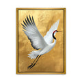 Flying white red-crowned crane canvas art with outstretched wings, black feather tips and textured gold background.
