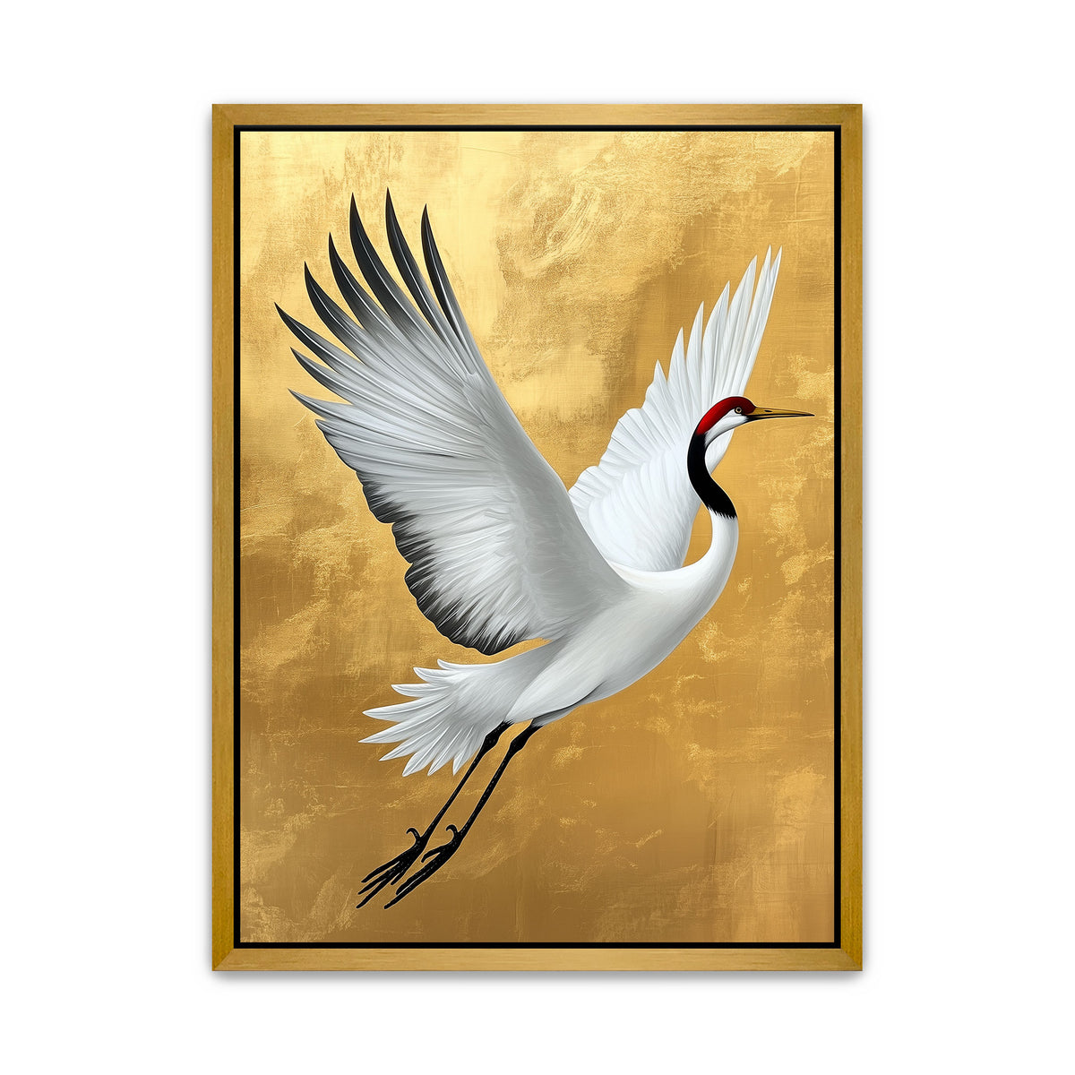 Flying white red-crowned crane canvas art with outstretched wings, black feather tips and textured gold background.