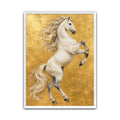 White rearing horse wall art print on a textured gold background featuring flowing mane and detailed equestrian artwork. in white frame