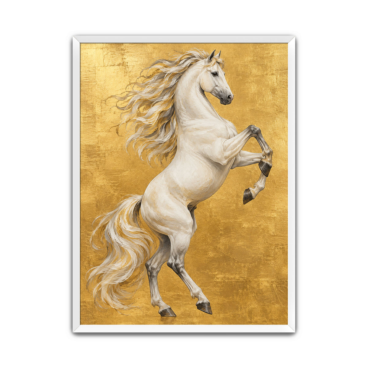 White rearing horse wall art print on a textured gold background featuring flowing mane and detailed equestrian artwork. in white frame