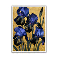 Blue iris wall art print featuring blue and violet iris flowers with green leaves on a rich gold-coloured background.
