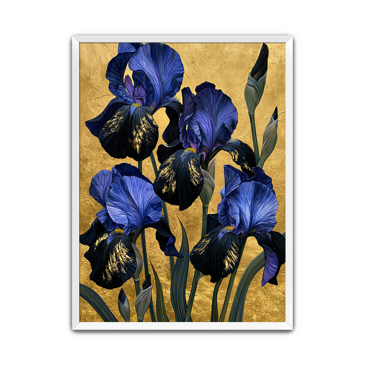 Blue iris wall art print featuring blue and violet iris flowers with green leaves on a rich gold-coloured background.
