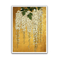 White wisteria wall art print with cascading white flowers and green foliage on a rich gold-coloured background.
