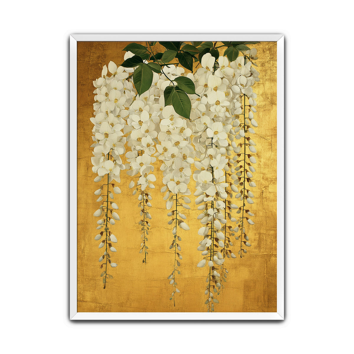 White wisteria wall art print with cascading white flowers and green foliage on a rich gold-coloured background.
