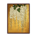 White wisteria wall art print with cascading white flowers and green foliage on a rich gold-coloured background.