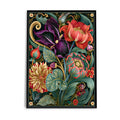 Luxury botanical wall art with ornate Art Nouveau flowers in jewel tones on a black background with gold detailing