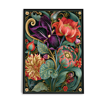 Luxury botanical wall art with ornate Art Nouveau flowers in jewel tones on a black background with gold detailing