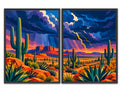 A two-panel framed desert landscape wall art set. The artwork depicts a dramatic storm scene over a desert with tall saguaro cacti, agave plants, orange rock formations, and a bright lightning strike under dark purple and blue clouds with pink-orange sunset light.