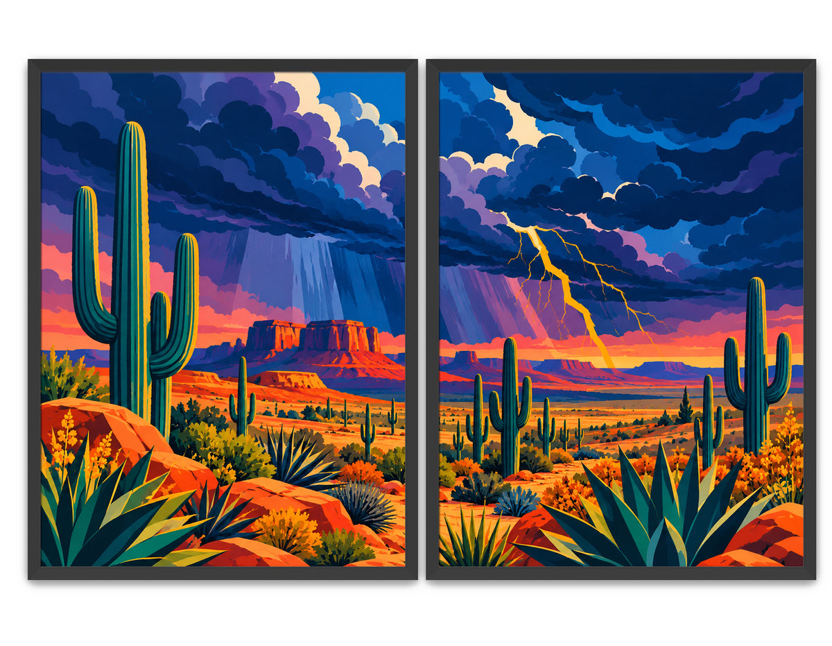 A two-panel framed desert landscape wall art set. The artwork depicts a dramatic storm scene over a desert with tall saguaro cacti, agave plants, orange rock formations, and a bright lightning strike under dark purple and blue clouds with pink-orange sunset light.
