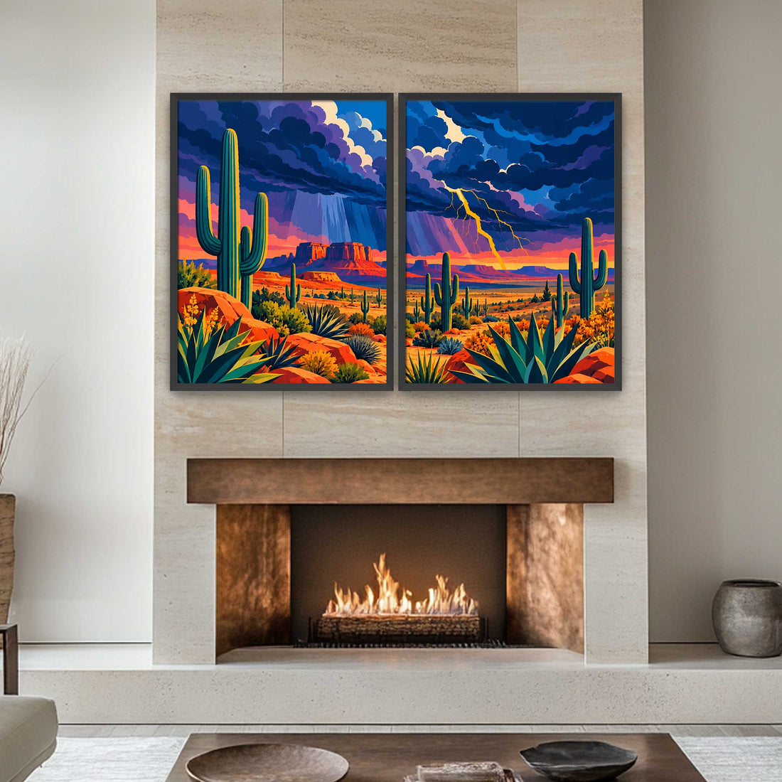 Coordinated Southwestern wall art set with colourful Arizona desert landscapes and saguaro cactus illustrations for a desert-themed gallery wall