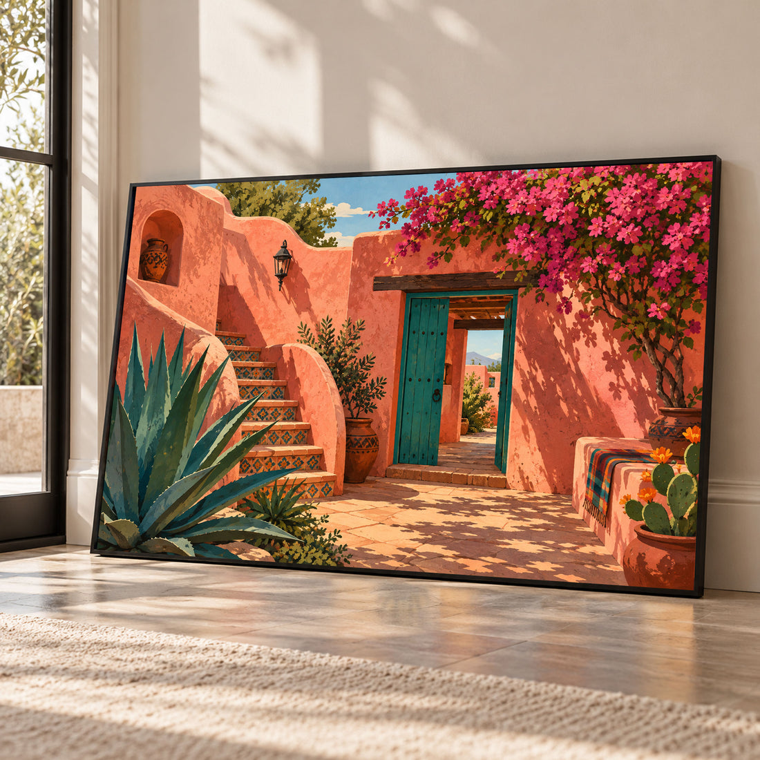 Southwestern-style Art . A courtyard with terracotta walls, bright pink bougainvillea, an agave plant, and a turquoise door, 